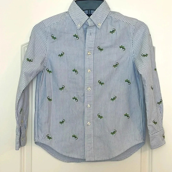 Ralph Lauren Other - Ralph Lauren Boys Blue White Striped Button-Down Shirt with Green Embroidery